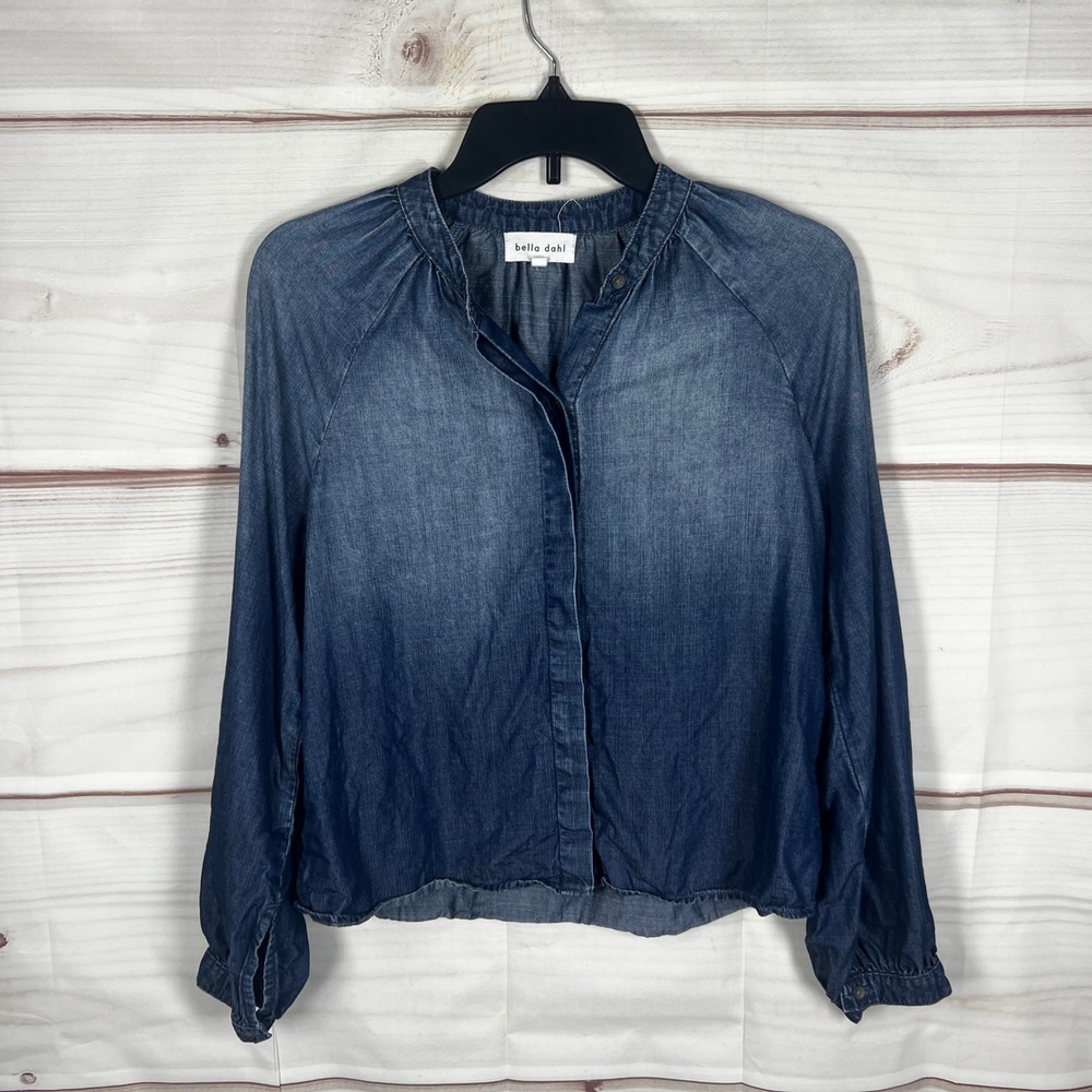 Bella Dahl Chambray Shirt Women XS Blue Button Down Blouse Dark Wash Long Sleeve